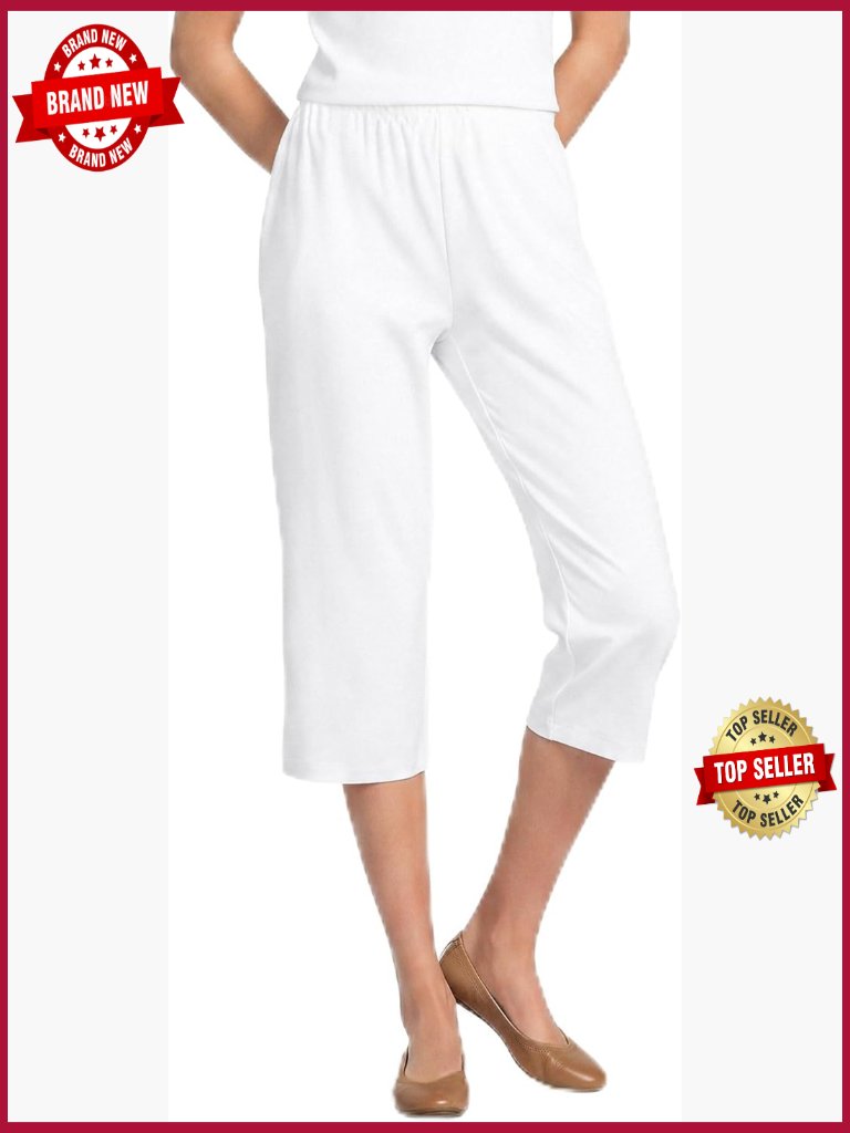 High Rise Elastic Waist Capri Pants Soft Cotton Stretch